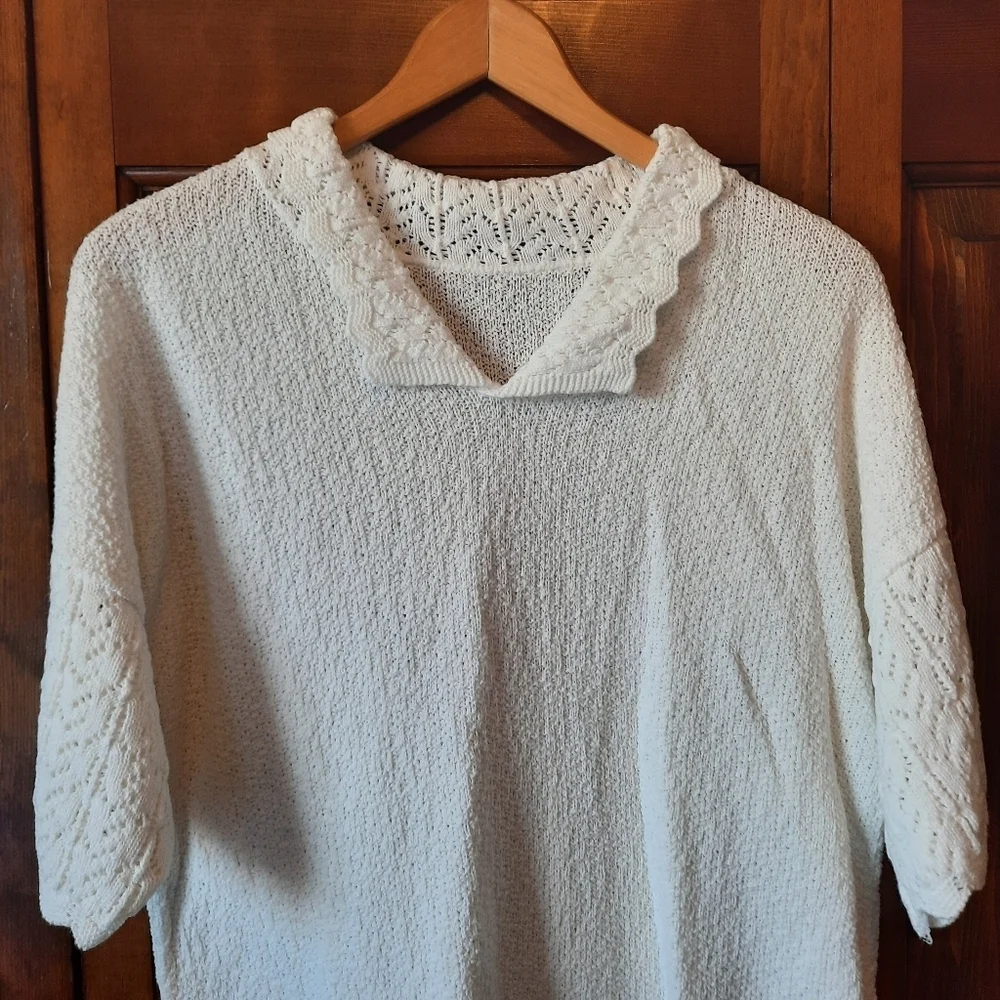 Vintage White Crochet Peter Pan Collar Cottagecore Pointelle Knit Polo Sweater